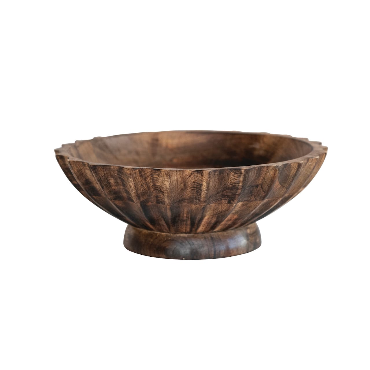 Hello Honey® 9.5" Burnt Finish Hand-Carved Mango Wood Footed Bowl with Scalloped Edge